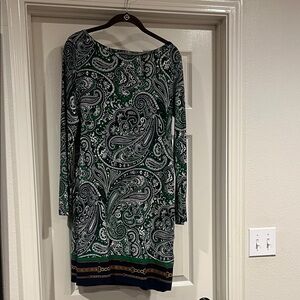 Michael Kors Green and Black Paisley Long-Sleeve Dress